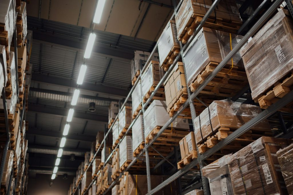 Warehouse pallet racking stocked with boxed goods